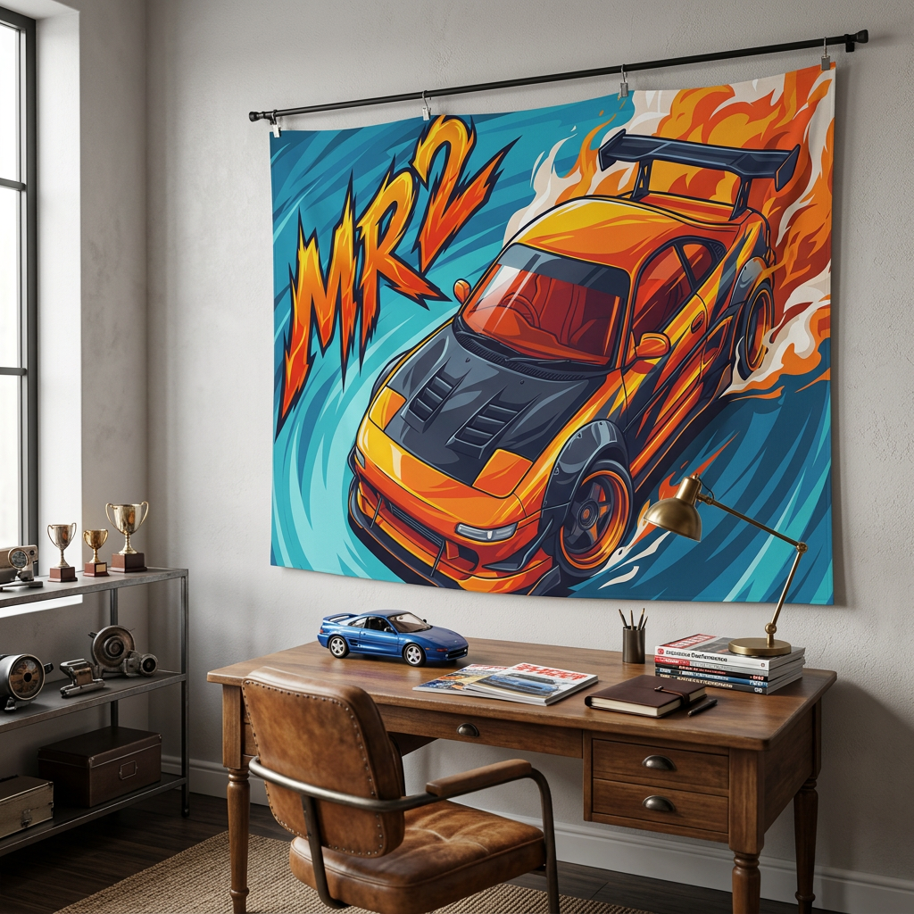 Toyota MR2 SW20 Orange Black Bonnet GT Wing Aerial Bold Graphic Car Wall Art Tapestry