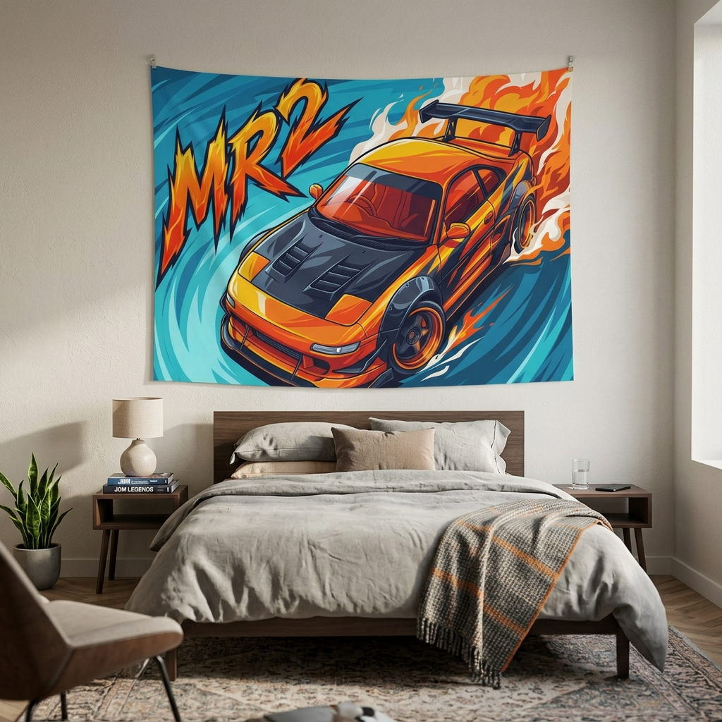 Toyota MR2 SW20 Orange Black Bonnet GT Wing Aerial Bold Graphic Car Wall Art Tapestry