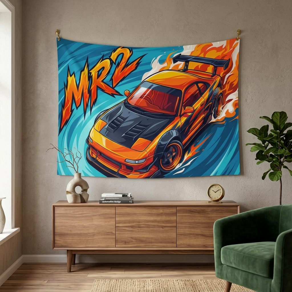 Toyota MR2 SW20 Orange Black Bonnet GT Wing Aerial Bold Graphic Car Wall Art Tapestry