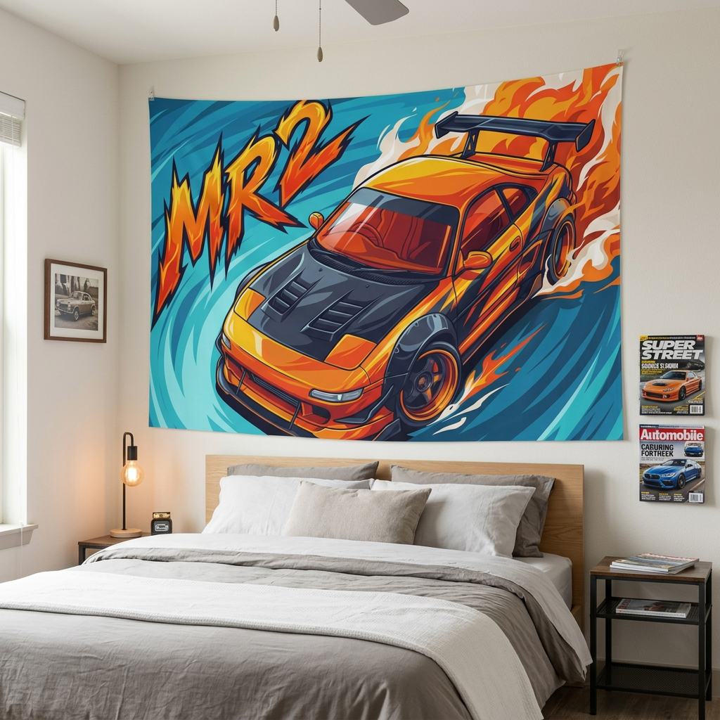 Toyota MR2 SW20 Orange Black Bonnet GT Wing Aerial Bold Graphic Car Wall Art Tapestry