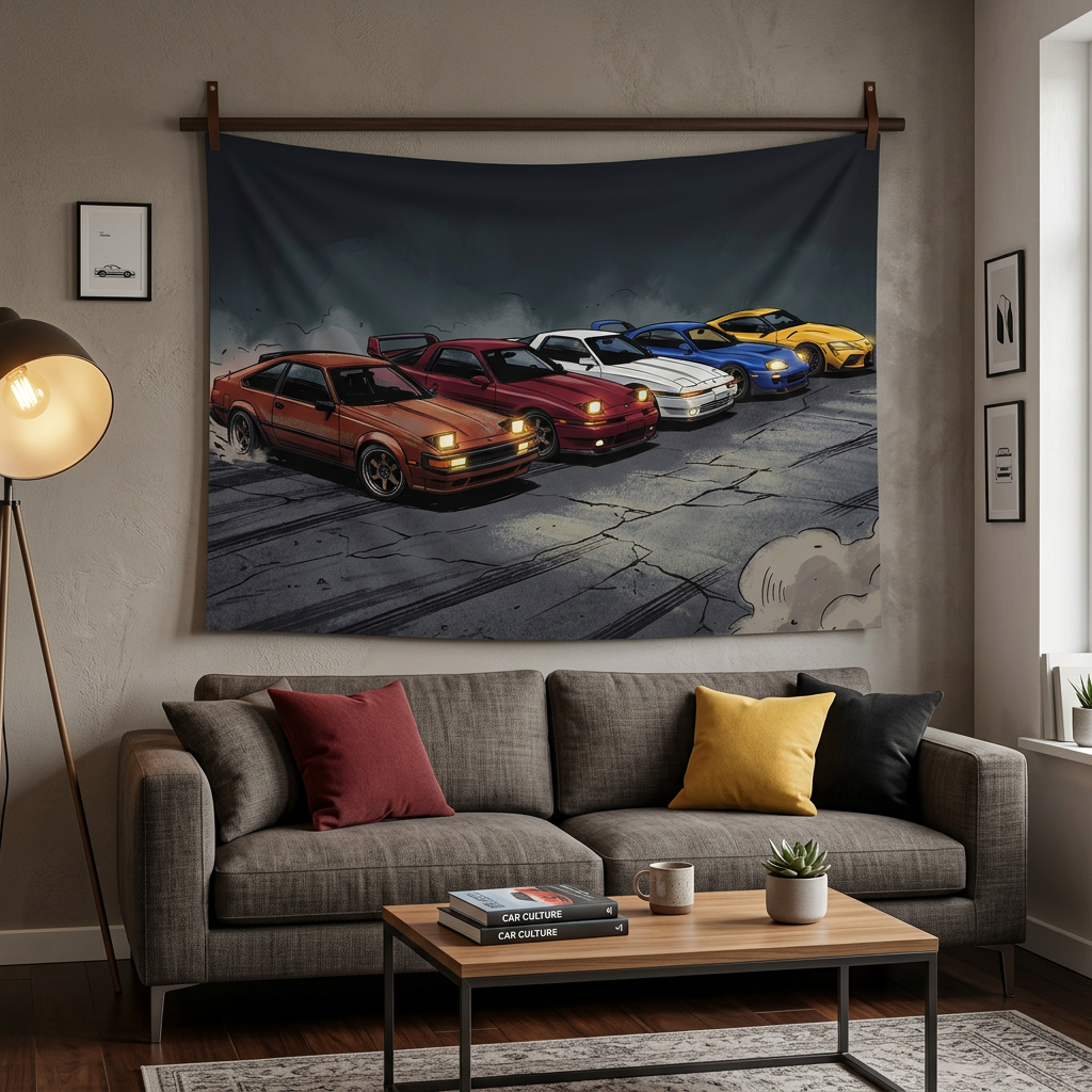 Toyota Supra Generations Retro Drift Car Wall Art Tapestry