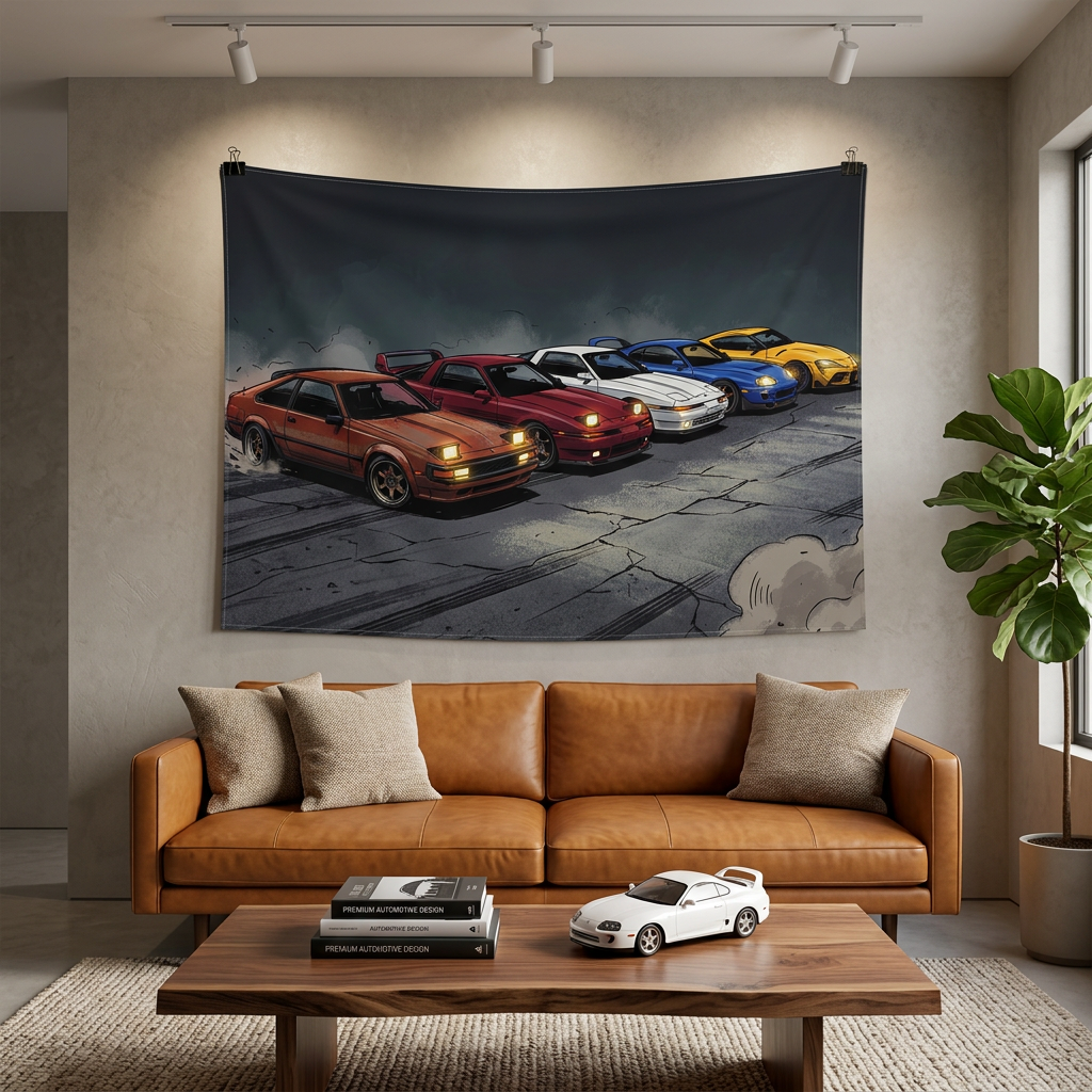 Toyota Supra Generations Retro Drift Car Wall Art Tapestry