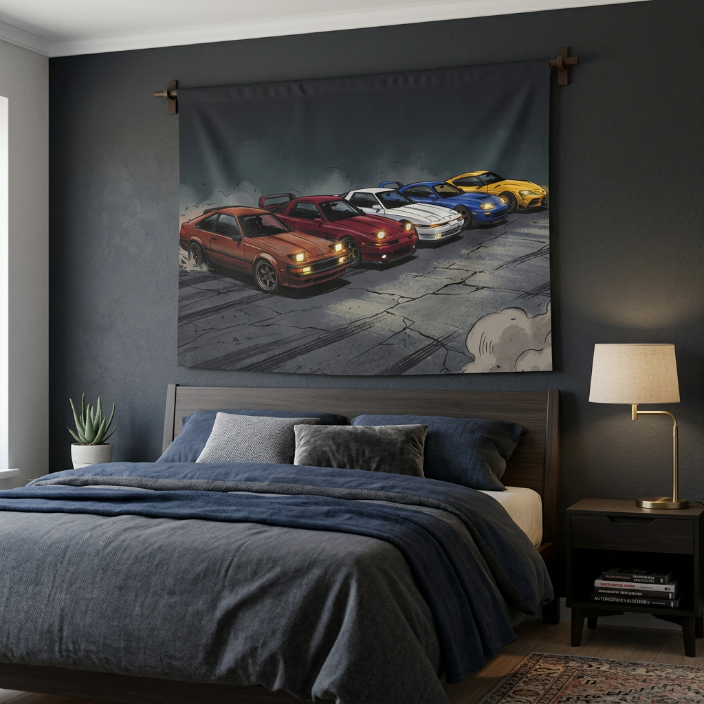Toyota Supra Generations Retro Drift Car Wall Art Tapestry