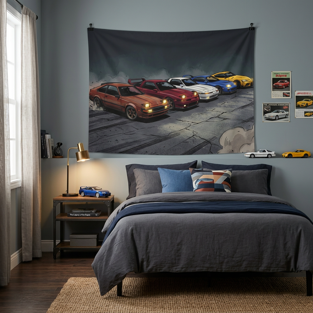 Toyota Supra Generations Retro Drift Car Wall Art Tapestry