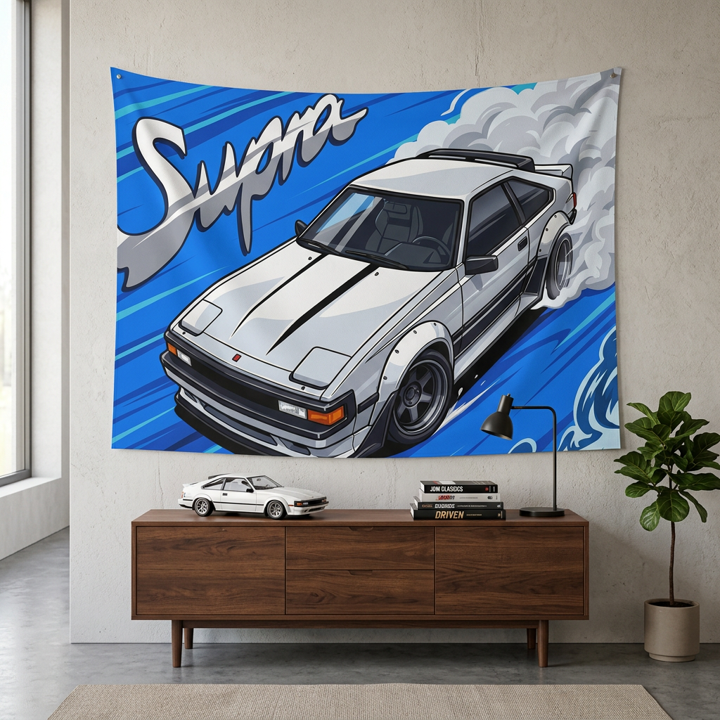 Toyota Supra MK2 A60 White Celica Supra Aerial Bold Graphic Car Wall Art Tapestry