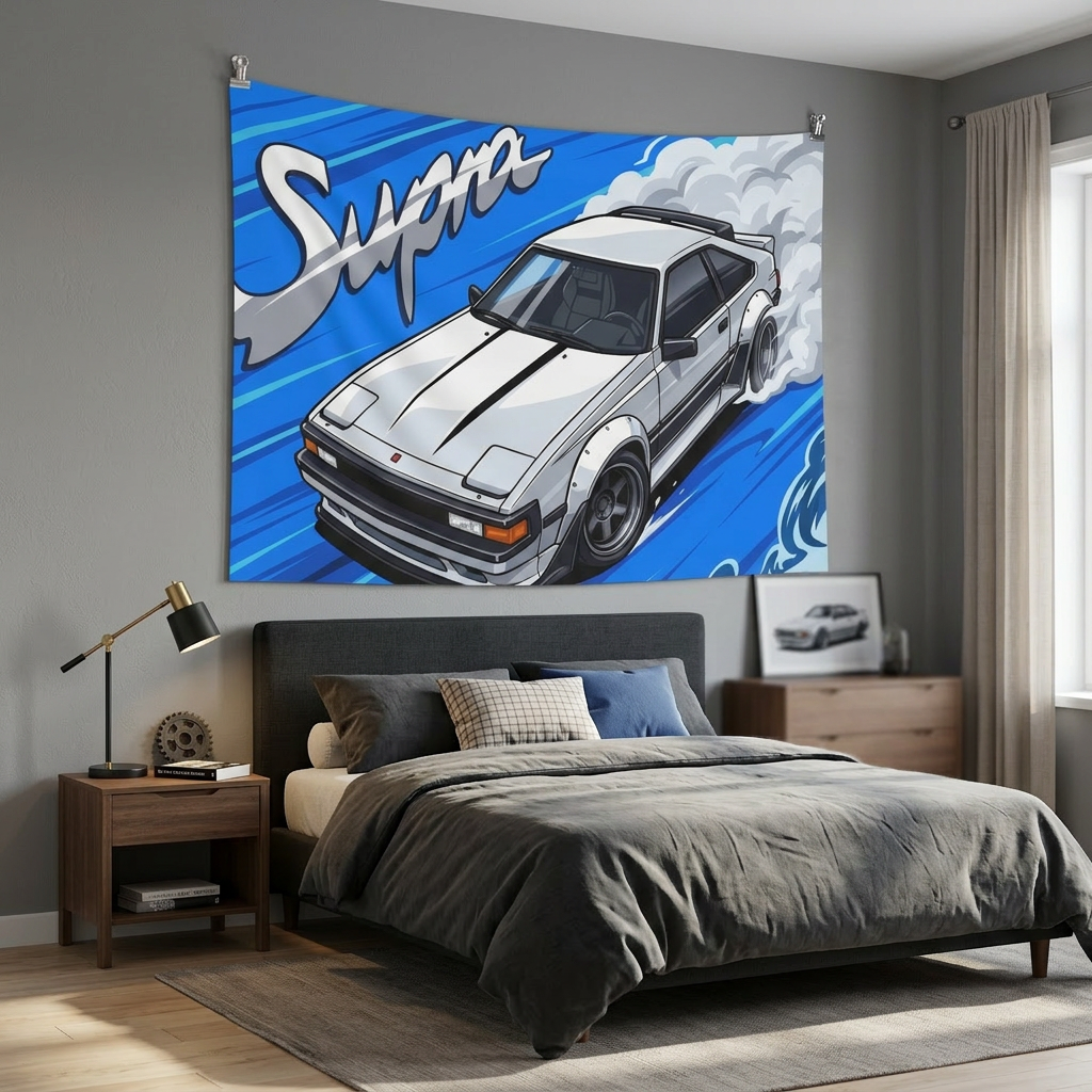 Toyota Supra MK2 A60 White Celica Supra Aerial Bold Graphic Car Wall Art Tapestry