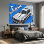 Toyota Supra MK2 A60 White Celica Supra Aerial Bold Graphic Car Wall Art Tapestry