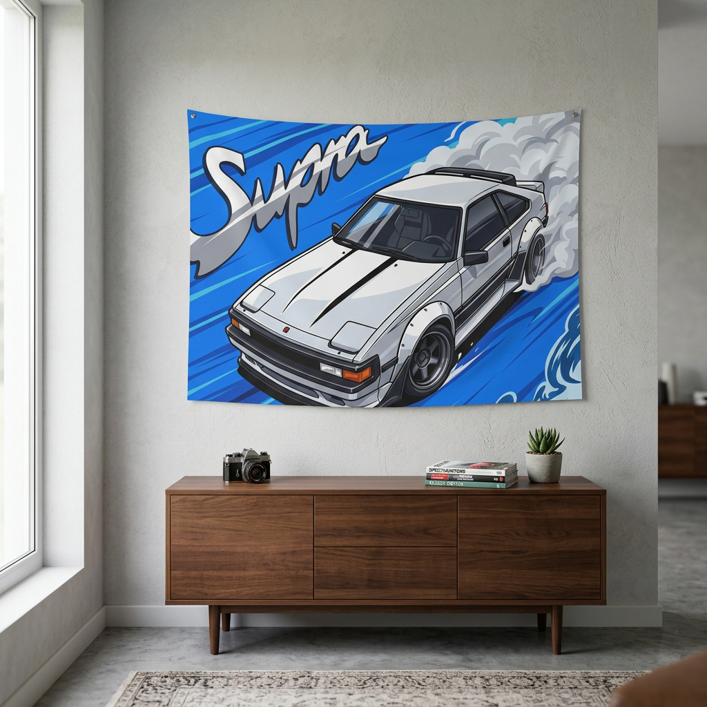 Toyota Supra MK2 A60 White Celica Supra Aerial Bold Graphic Car Wall Art Tapestry