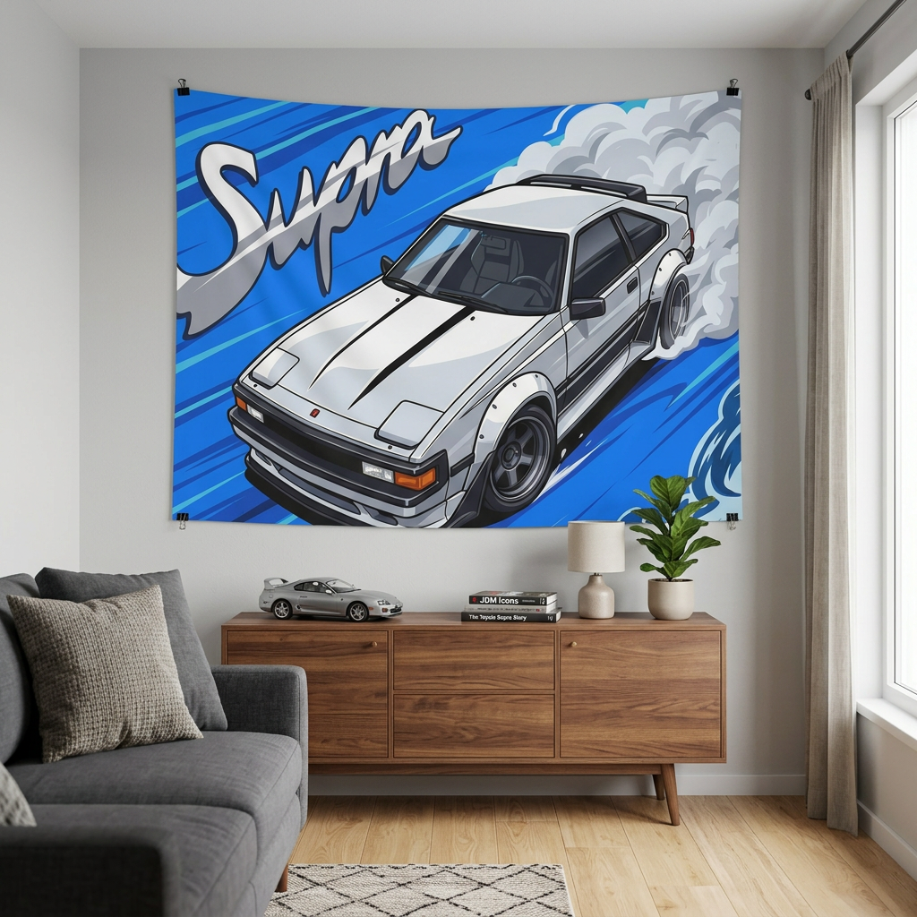 Toyota Supra MK2 A60 White Celica Supra Aerial Bold Graphic Car Wall Art Tapestry