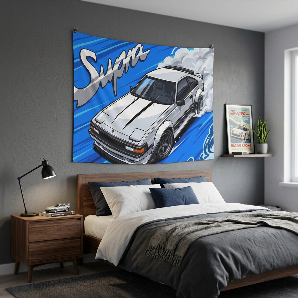 Toyota Supra MK2 A60 White Celica Supra Aerial Bold Graphic Car Wall Art Tapestry