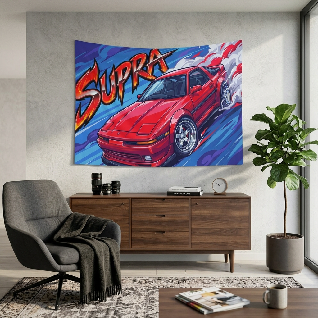 Toyota Supra MK3 A70 Red Chrome Wheels Aerial Bold Graphic Car Wall Art Tapestry
