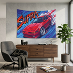 Toyota Supra MK3 A70 Red Chrome Wheels Aerial Bold Graphic Car Wall Art Tapestry