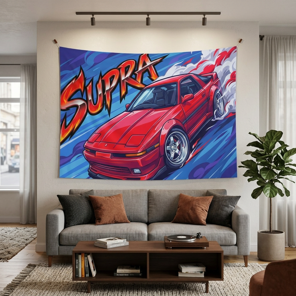 Toyota Supra MK3 A70 Red Chrome Wheels Aerial Bold Graphic Car Wall Art Tapestry