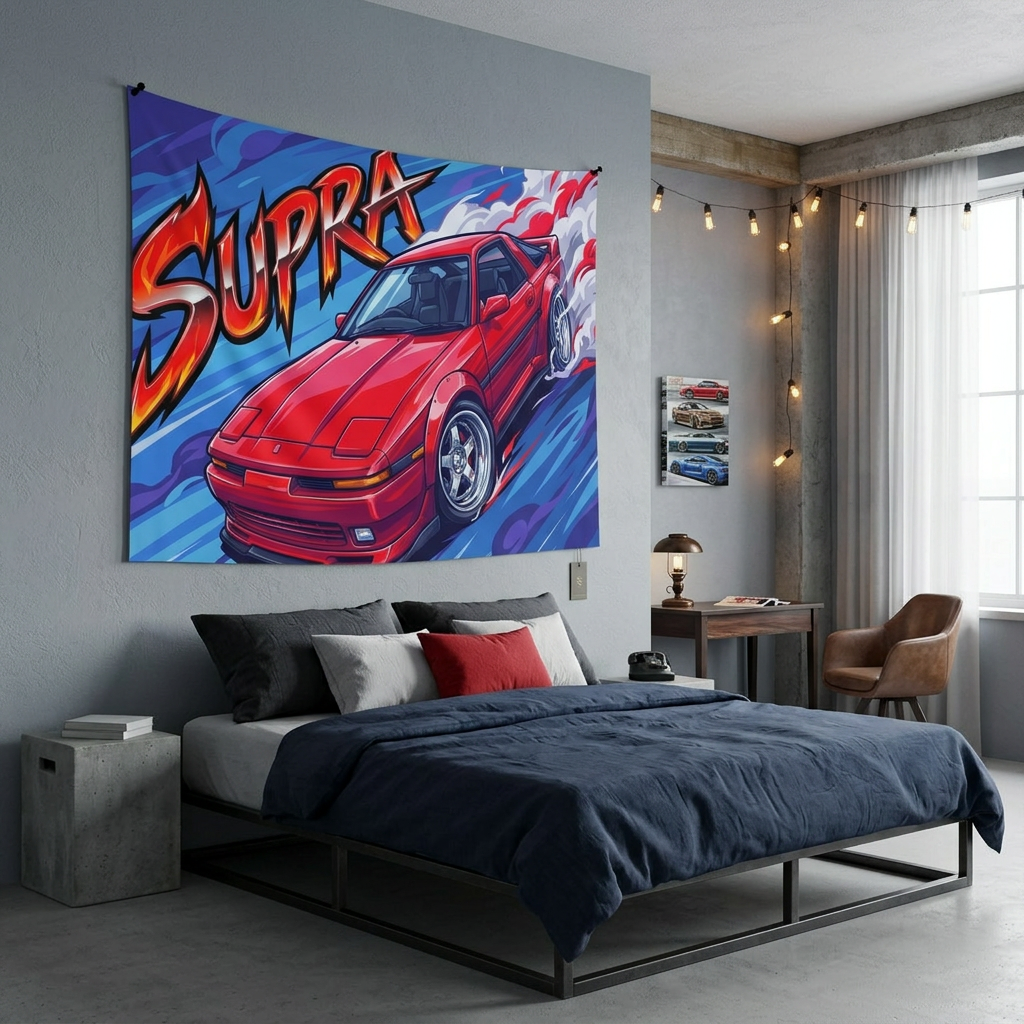 Toyota Supra MK3 A70 Red Chrome Wheels Aerial Bold Graphic Car Wall Art Tapestry