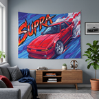 Toyota Supra MK3 A70 Red Chrome Wheels Aerial Bold Graphic Car Wall Art Tapestry