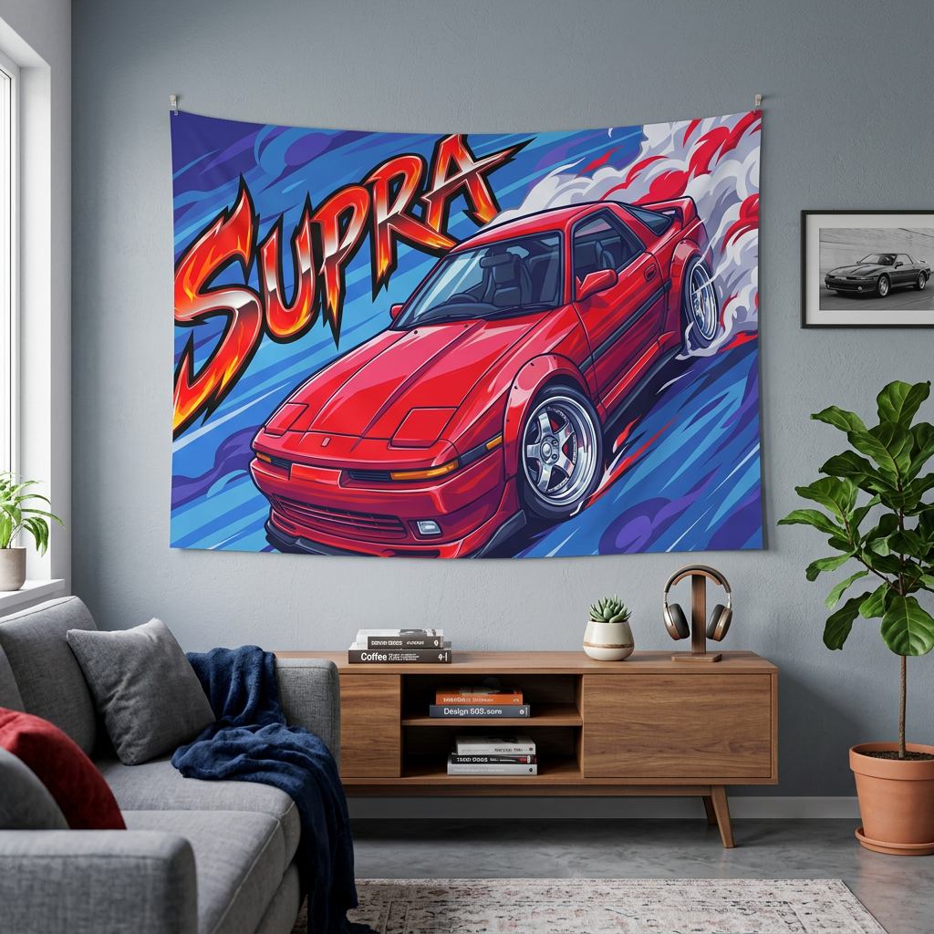 Toyota Supra MK3 A70 Red Chrome Wheels Aerial Bold Graphic Car Wall Art Tapestry