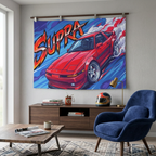 Toyota Supra MK3 A70 Red Chrome Wheels Aerial Bold Graphic Car Wall Art Tapestry