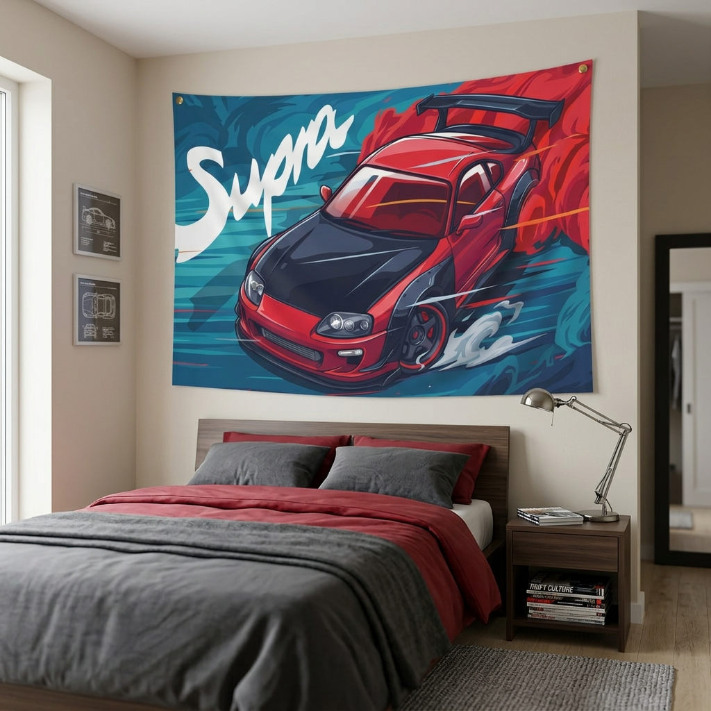 Toyota Supra MK4 A80 Red Widebody Aerial Bold Graphic Car Wall Art Tapestry