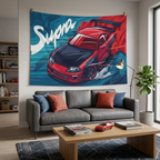Toyota Supra MK4 A80 Red Widebody Aerial Bold Graphic Car Wall Art Tapestry