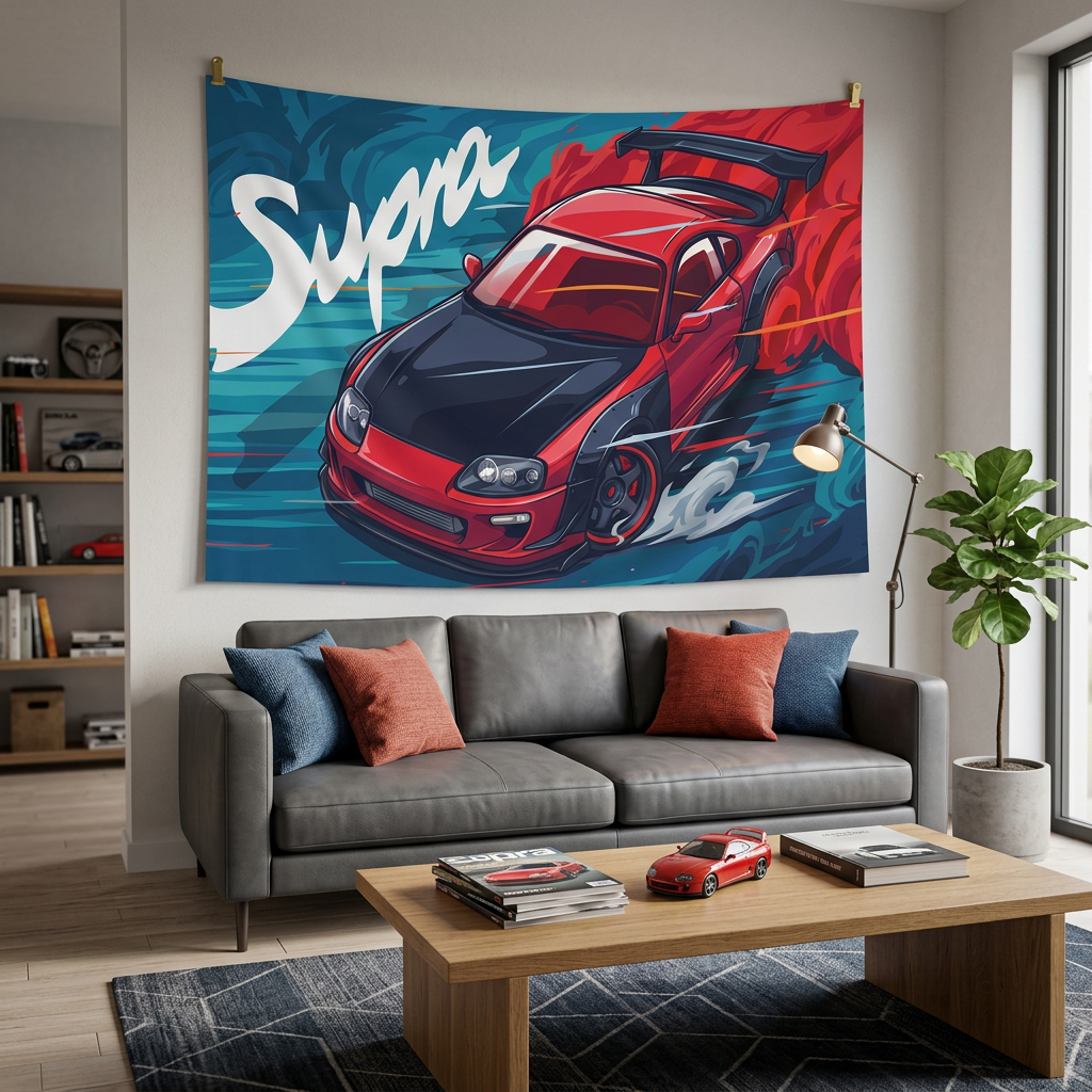 Toyota Supra MK4 A80 Red Widebody Aerial Bold Graphic Car Wall Art Tapestry