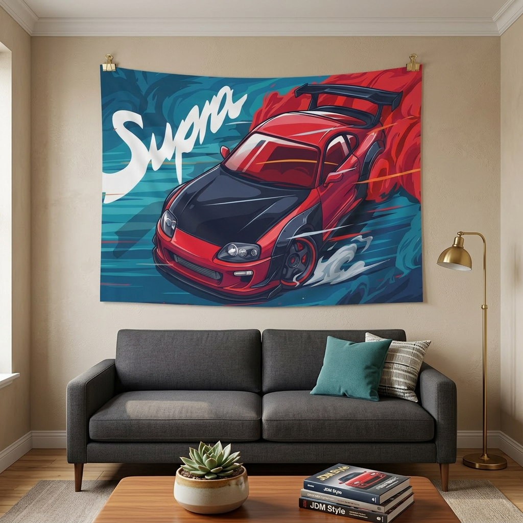 Toyota Supra MK4 A80 Red Widebody Aerial Bold Graphic Car Wall Art Tapestry