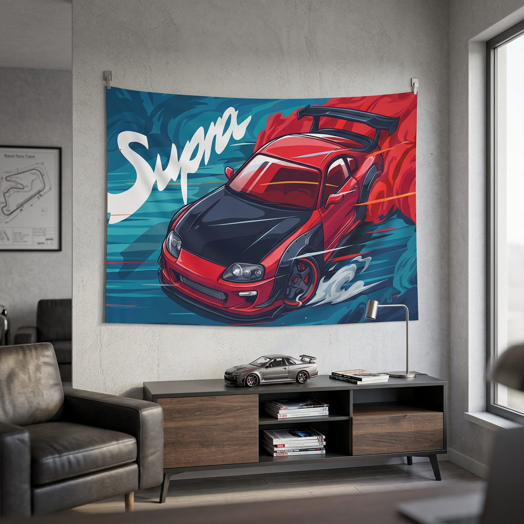 Toyota Supra MK4 A80 Red Widebody Aerial Bold Graphic Car Wall Art Tapestry