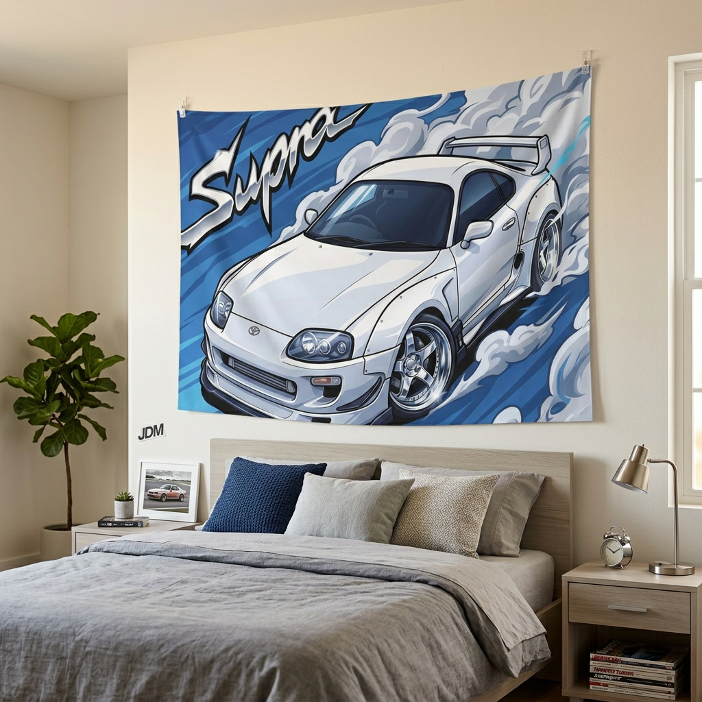 Toyota Supra MK4 A80 White Pearl Factory Wing Chrome Wheels Aerial Bold Graphic Car Wall Art Tapestry