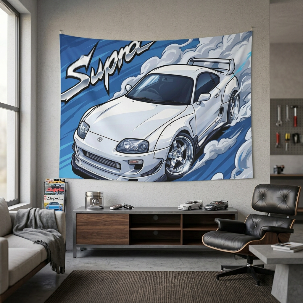 Toyota Supra MK4 A80 White Pearl Factory Wing Chrome Wheels Aerial Bold Graphic Car Wall Art Tapestry