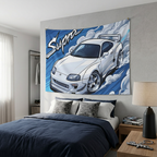 Toyota Supra MK4 A80 White Pearl Factory Wing Chrome Wheels Aerial Bold Graphic Car Wall Art Tapestry