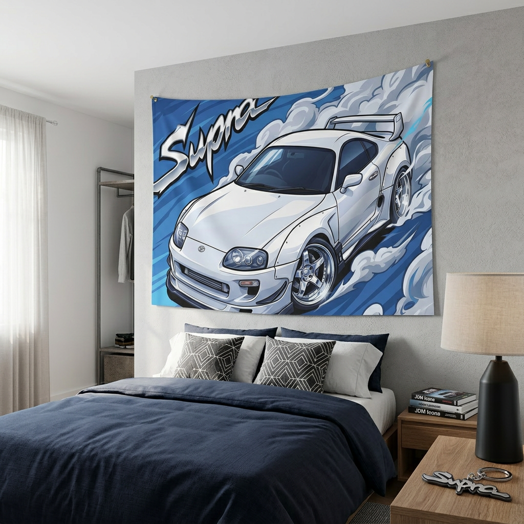 Toyota Supra MK4 A80 White Pearl Factory Wing Chrome Wheels Aerial Bold Graphic Car Wall Art Tapestry