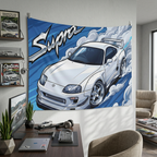 Toyota Supra MK4 A80 White Pearl Factory Wing Chrome Wheels Aerial Bold Graphic Car Wall Art Tapestry