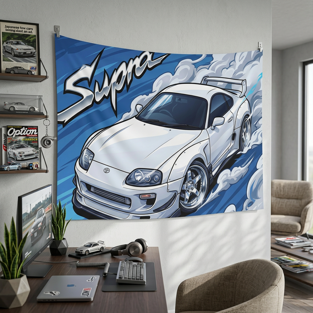 Toyota Supra MK4 A80 White Pearl Factory Wing Chrome Wheels Aerial Bold Graphic Car Wall Art Tapestry