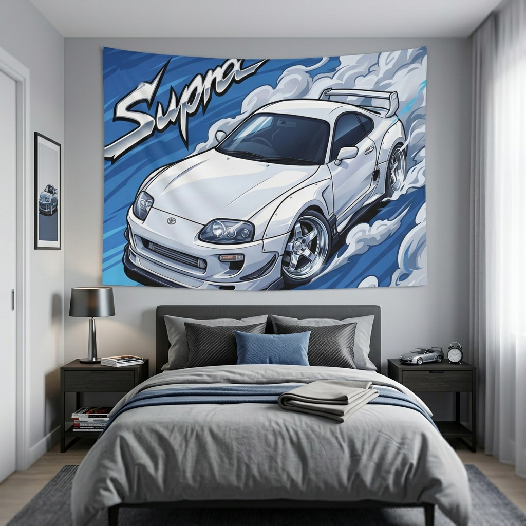 Toyota Supra MK4 A80 White Pearl Factory Wing Chrome Wheels Aerial Bold Graphic Car Wall Art Tapestry