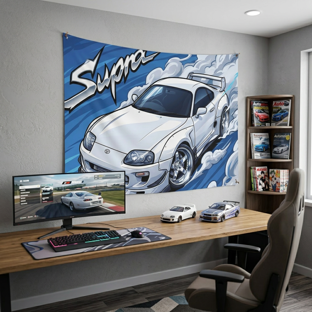 Toyota Supra MK4 A80 White Pearl Factory Wing Chrome Wheels Aerial Bold Graphic Car Wall Art Tapestry