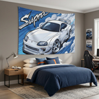 Toyota Supra MK4 A80 White Pearl Factory Wing Chrome Wheels Aerial Bold Graphic Car Wall Art Tapestry