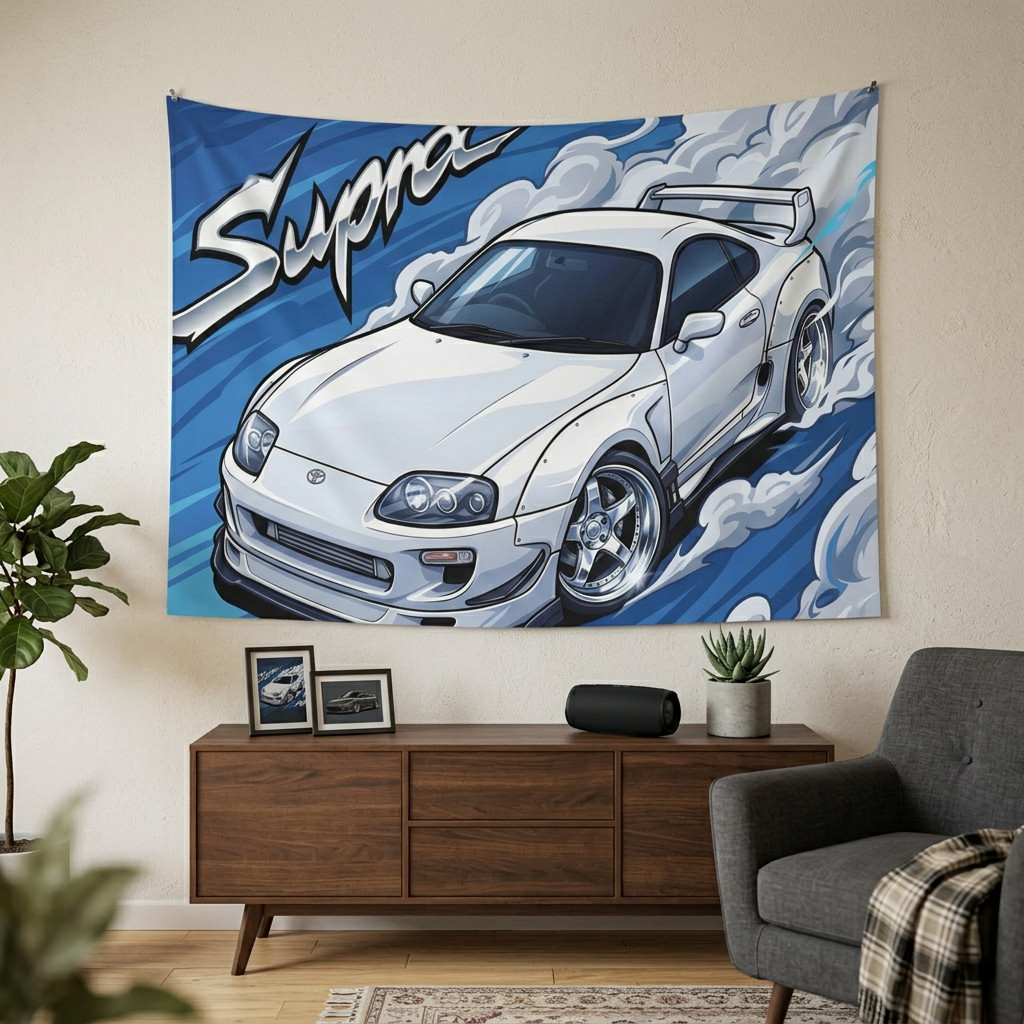 Toyota Supra MK4 A80 White Pearl Factory Wing Chrome Wheels Aerial Bold Graphic Car Wall Art Tapestry
