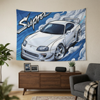 Toyota Supra MK4 A80 White Pearl Factory Wing Chrome Wheels Aerial Bold Graphic Car Wall Art Tapestry