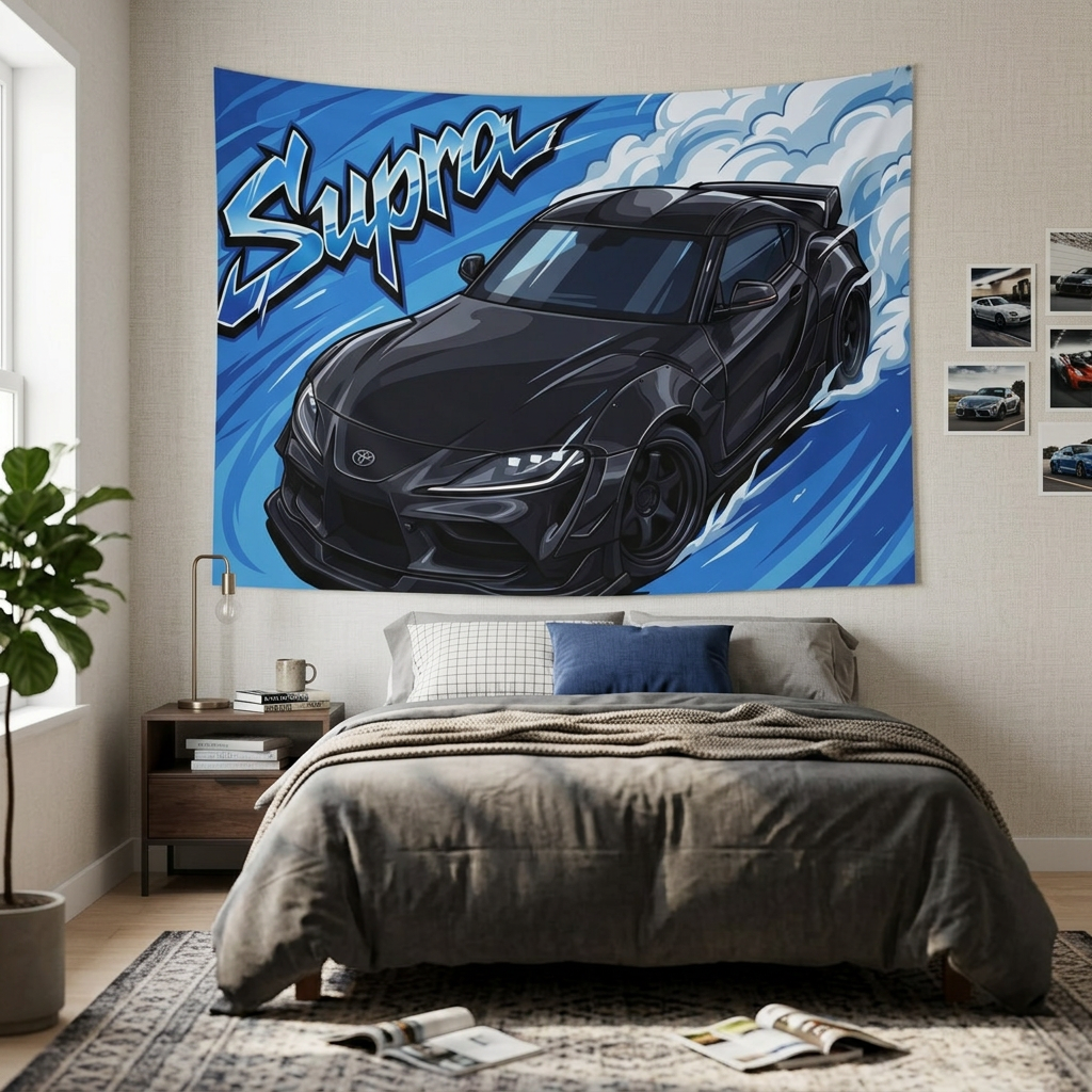 Toyota Supra MK5 A90 Black Widebody Dark Wheels Aerial Bold Graphic Car Wall Art Tapestry