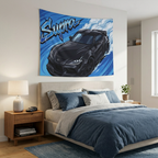 Toyota Supra MK5 A90 Black Widebody Dark Wheels Aerial Bold Graphic Car Wall Art Tapestry