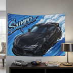 Toyota Supra MK5 A90 Black Widebody Dark Wheels Aerial Bold Graphic Car Wall Art Tapestry