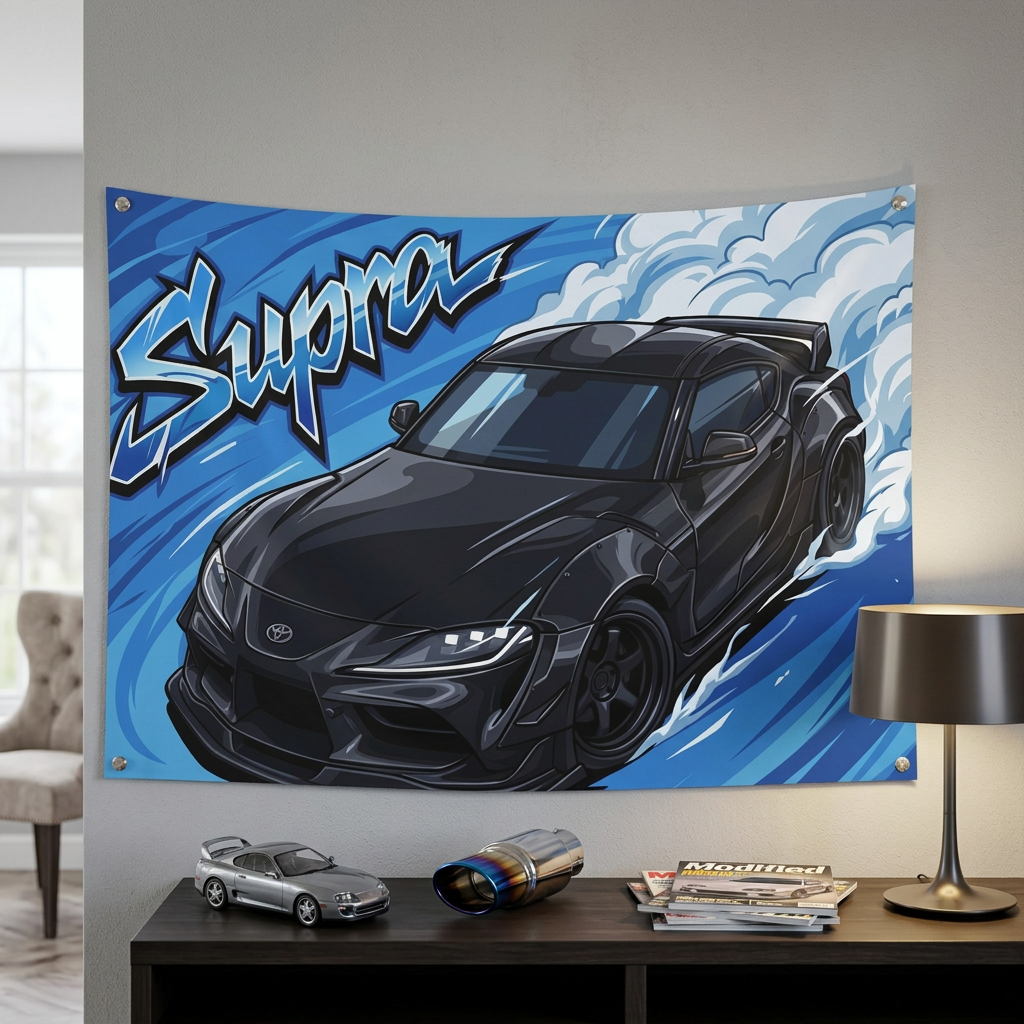 Toyota Supra MK5 A90 Black Widebody Dark Wheels Aerial Bold Graphic Car Wall Art Tapestry
