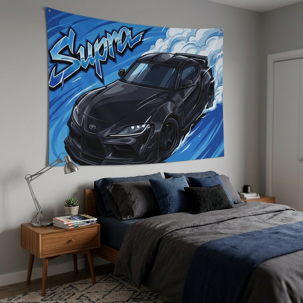 Toyota Supra MK5 A90 Black Widebody Dark Wheels Aerial Bold Graphic Car Wall Art Tapestry