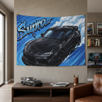 Toyota Supra MK5 A90 Black Widebody Dark Wheels Aerial Bold Graphic Car Wall Art Tapestry