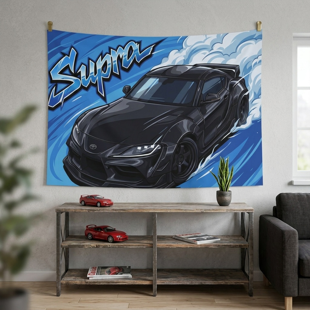 Toyota Supra MK5 A90 Black Widebody Dark Wheels Aerial Bold Graphic Car Wall Art Tapestry