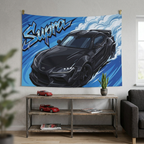 Toyota Supra MK5 A90 Black Widebody Dark Wheels Aerial Bold Graphic Car Wall Art Tapestry