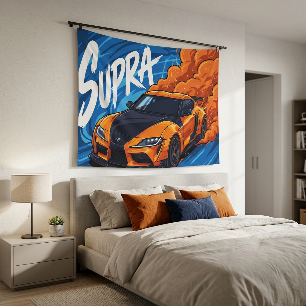 Toyota Supra MK5 A90 Orange Widebody Bold Graphic Car Wall Art Tapestry