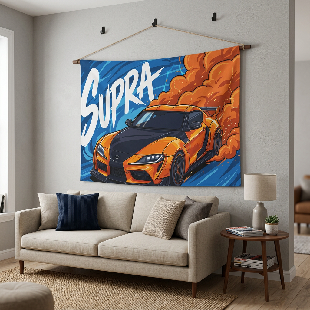 Toyota Supra MK5 A90 Orange Widebody Bold Graphic Car Wall Art Tapestry