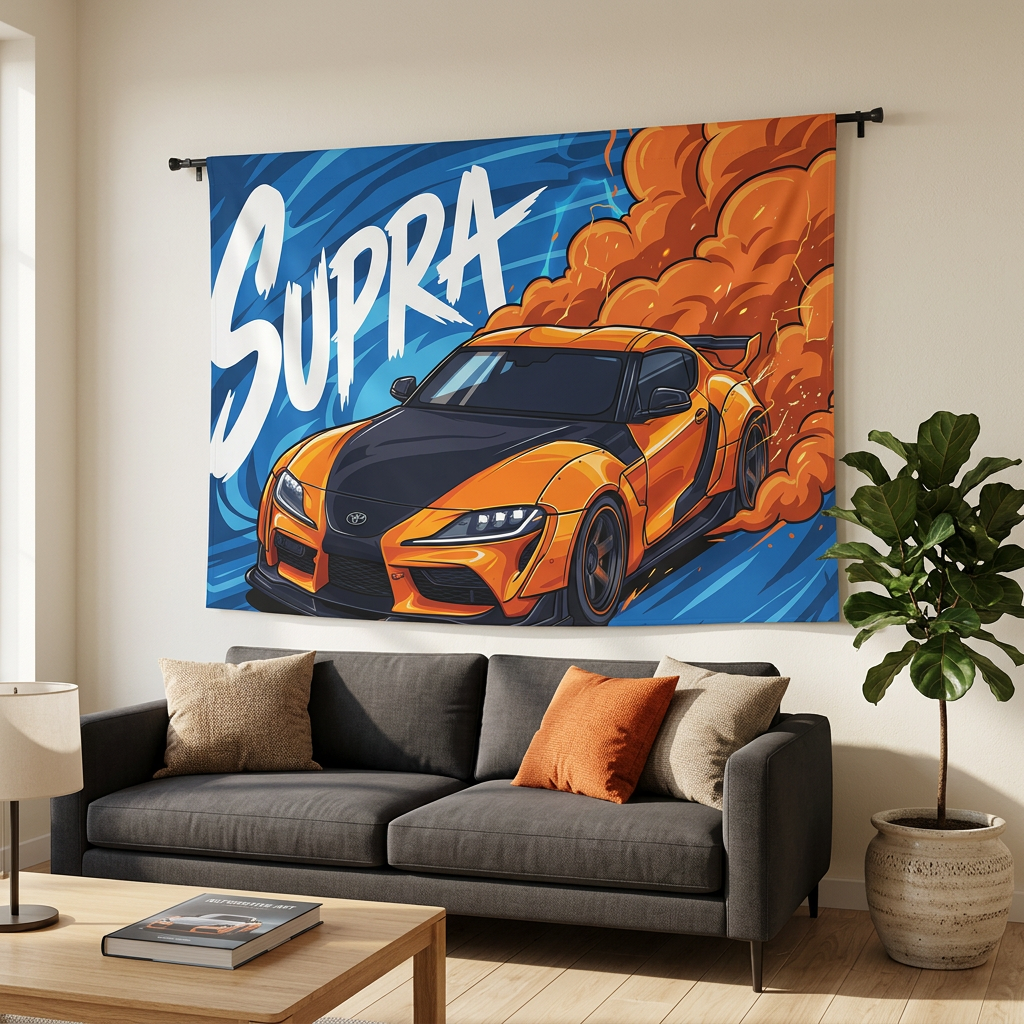 Toyota Supra MK5 A90 Orange Widebody Bold Graphic Car Wall Art Tapestry