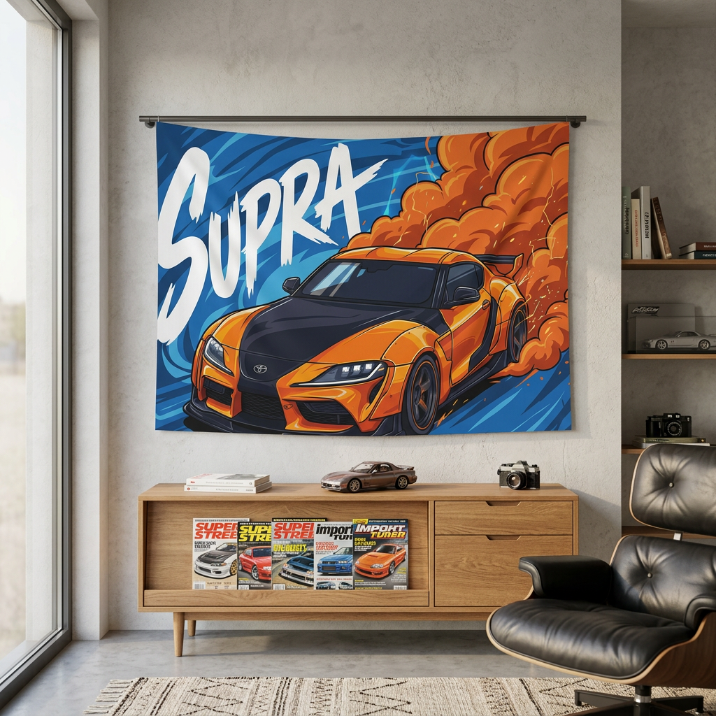Toyota Supra MK5 A90 Orange Widebody Bold Graphic Car Wall Art Tapestry