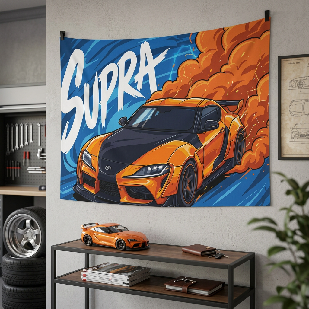 Toyota Supra MK5 A90 Orange Widebody Bold Graphic Car Wall Art Tapestry